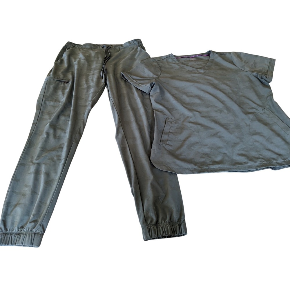 Healing Hands Purple Label Joy Camo Scrub Set Olive Green V-Neck Jogger Large